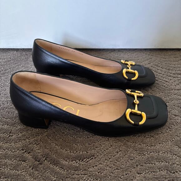 Gucci Baby Horsebit Square Toe Black Leather Block Heel Loafer Flat Pump Size 39 - Picture 6 of 12